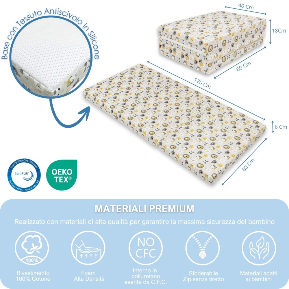 Materasso Baby Idea Tappeto Gioco, misure, base antiscivolo e materiali certificati