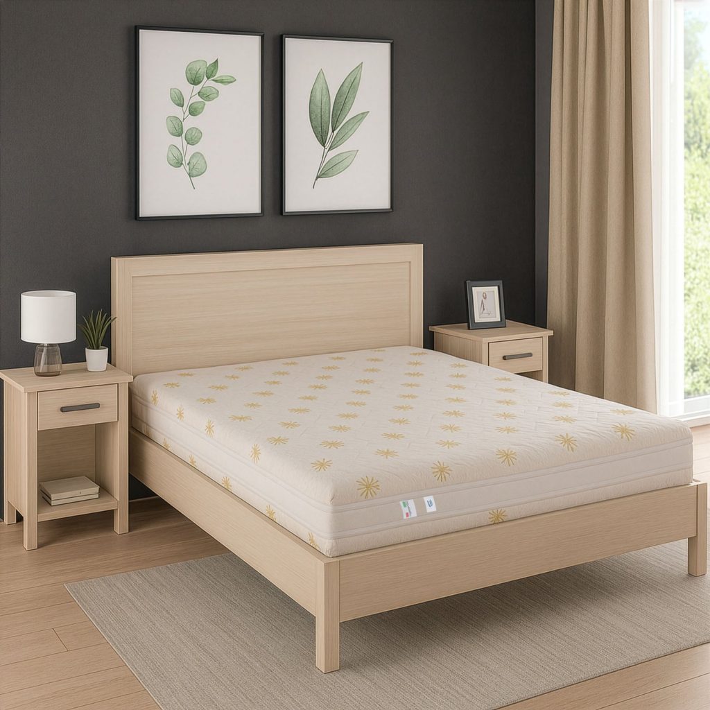 Baldiflex Lattice 18 su un letto in legno chiaro, vista laterale