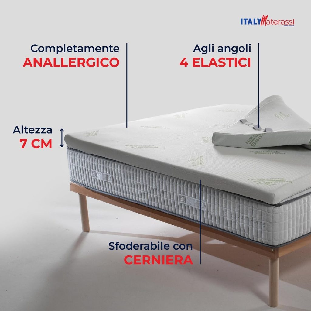 Italymaterassi Topper Memory H7 su un materasso, con altezza 7 cm, elastici e cerniera indicati