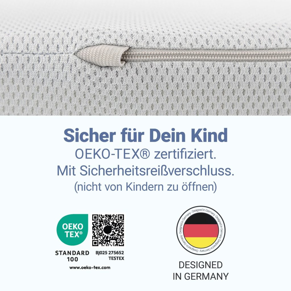 Materasso LaLoona, cerniera di sicurezza ed etichetta OEKO-TEX Standard 100