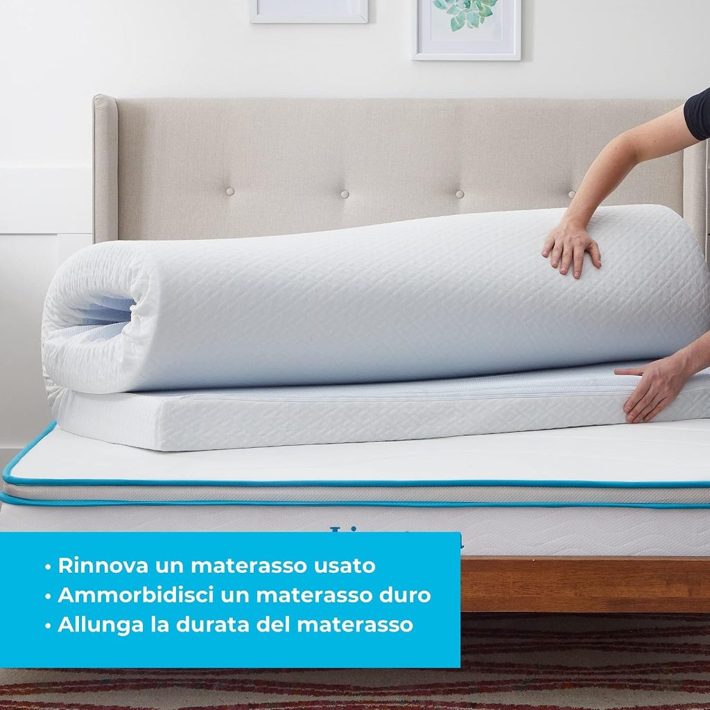 Linenspa topper 10 cm srotolato sul materasso dopo la consegna