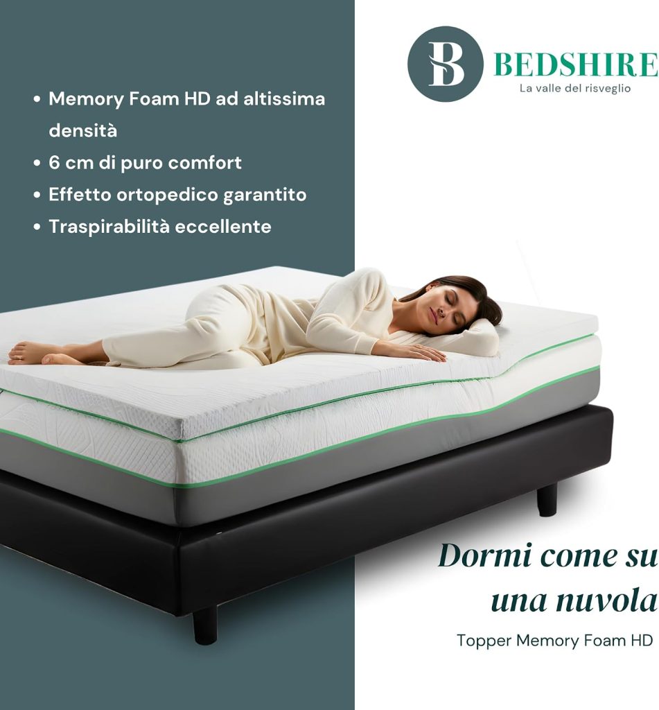 Topper Bedshire Memory Foam HD con una donna sdraiata sul letto